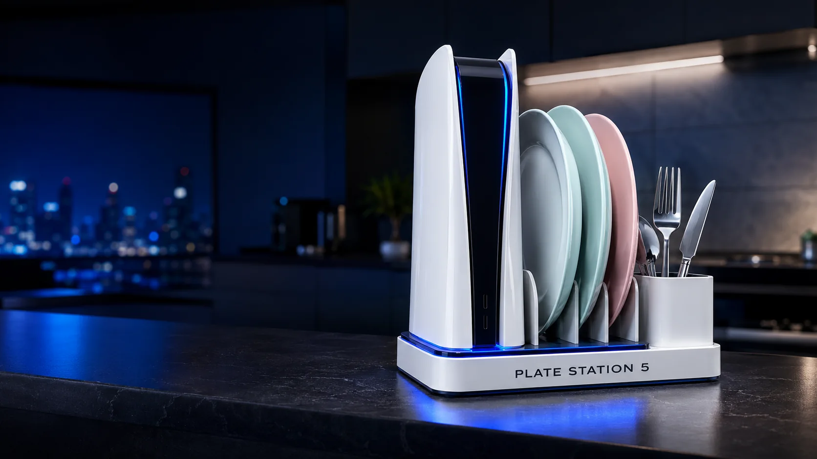Plate Station 5 loaded with pastel plates on a dark kitchen counter