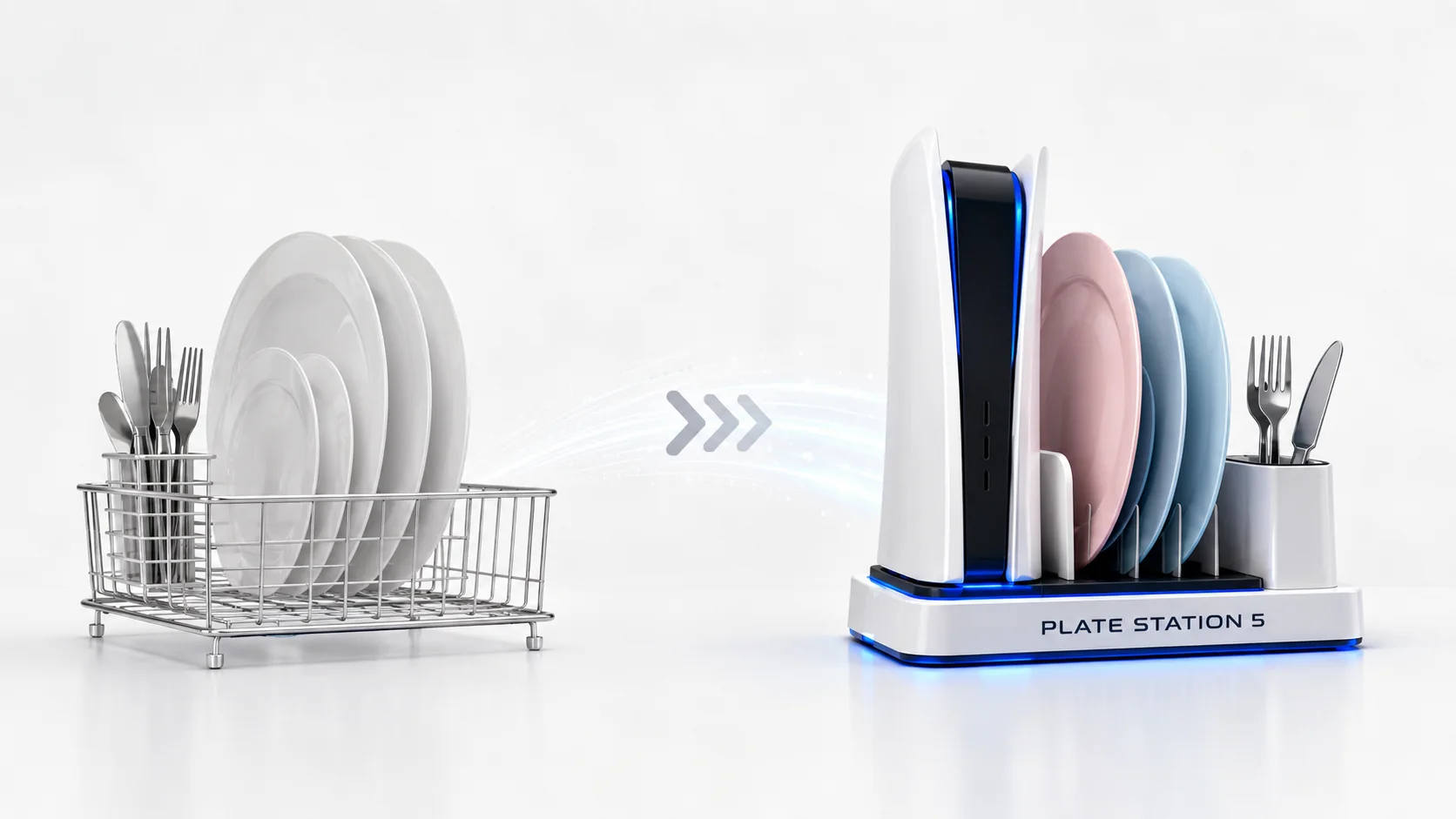 An ordinary dish rack transforming into futuristic Plate Station hardware