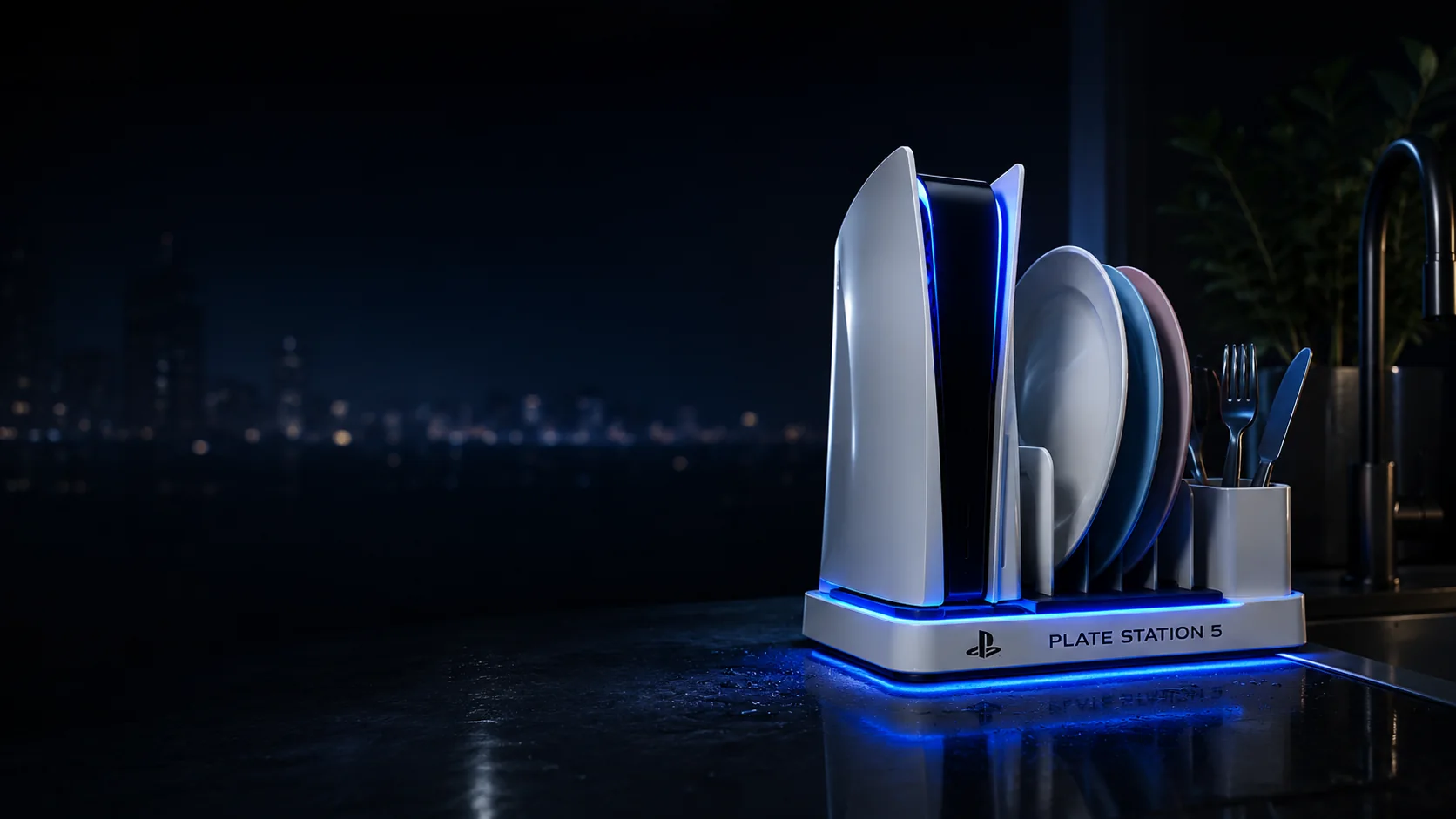 Plate Station 5 standing in dramatic blue launch lighting